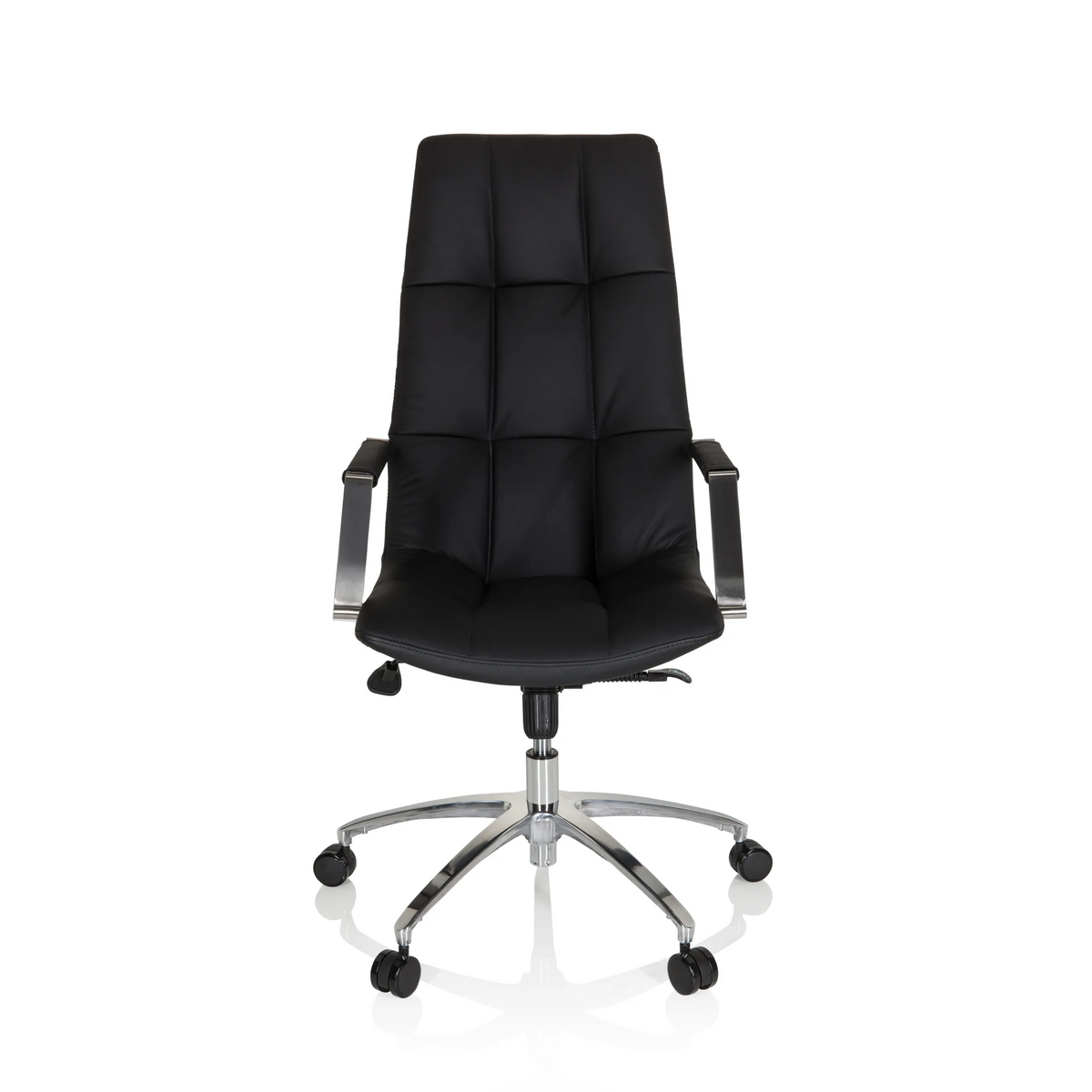 Sillón de oficina Home Office SARANTO PRO de cuero negro con base brillante de cinco ruedas de hjh OFFICE – vista de 360° (vista frontal 0°)