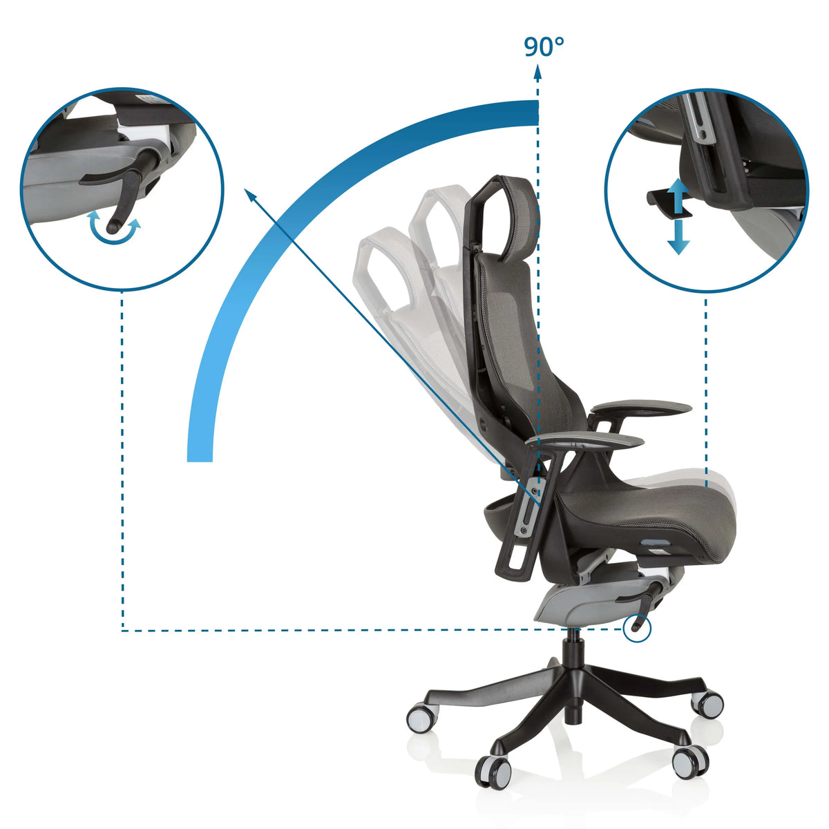 Respaldo ajustable con inclinación de 90 grados de la Silla de oficina profesional SPEKTRE BLACK de hjh OFFICE