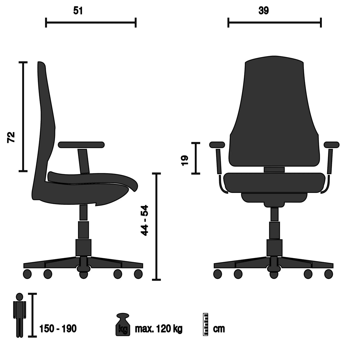 Dibujo técnico de la Silla gaming GAMEBREAKER W01 con una altura de respaldo de 72 cm de MyBuero