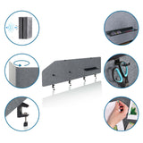 Separadores de mesa grises FLEXMIUT T TOP con accesorios como estante, soporte y función de tablero de anuncios de hjh OFFICE
