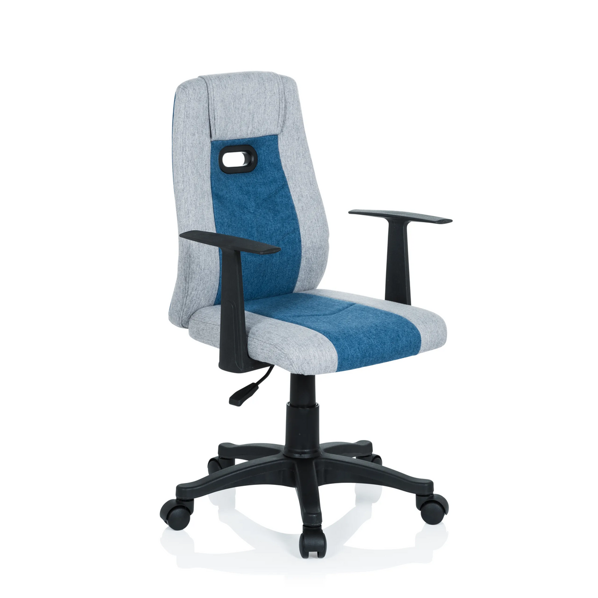 Silla giratoria para niños KIDDY EXTRA en color gris azulado con reposabrazos y base de cinco ruedas de hjh OFFICE – vista de 360° (vista frontal en diagonal 40°)