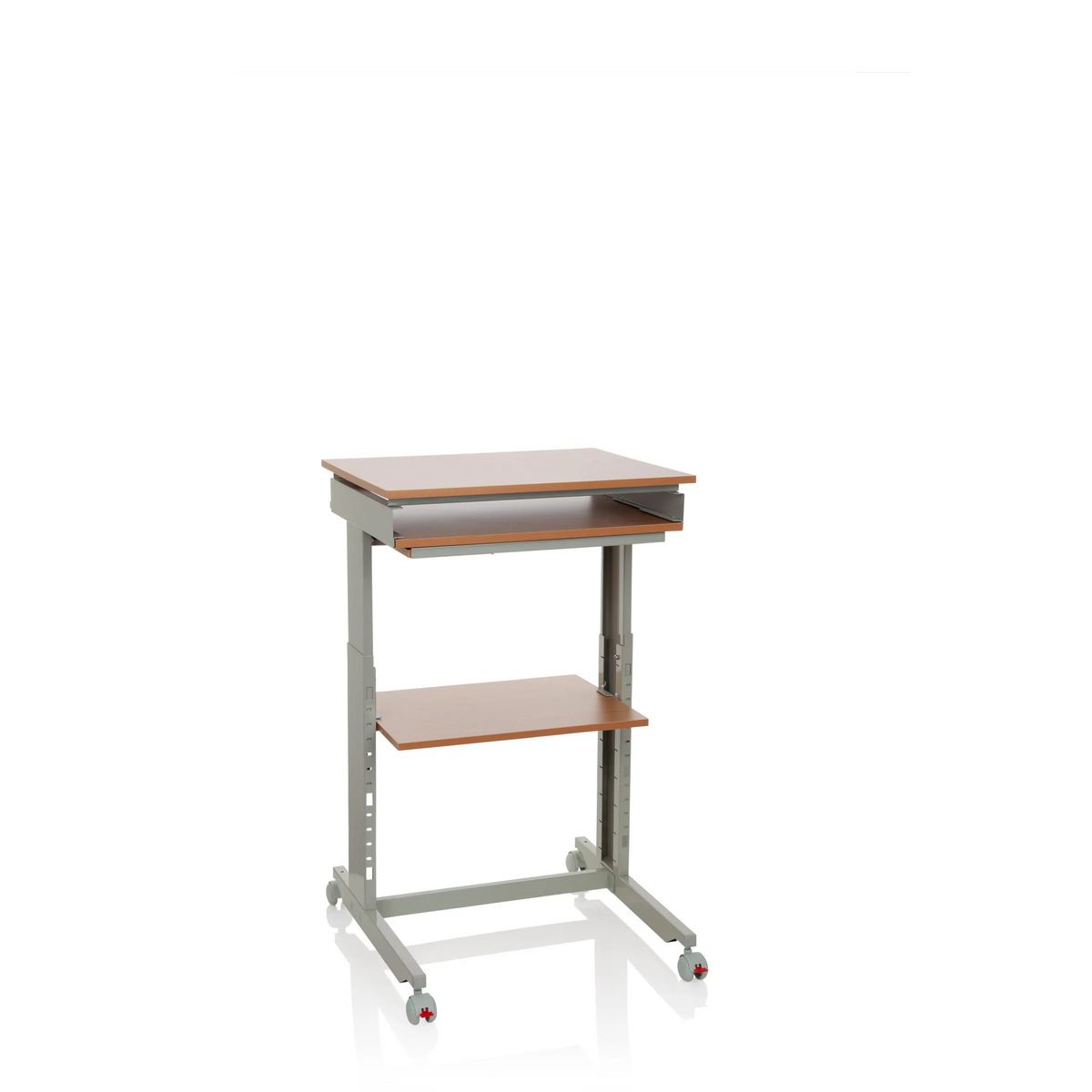 Escritorio de pie WORKSTATION gris en haya con superficie de almacenamiento y cuatro ruedas de hjh OFFICE – vista de 360° (vista frontal 20°)