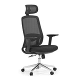 Silla de oficina profesional Ergosento en color negro con respaldo de malla, reposacabezas y base de cinco ruedas de hjh OFFICE – vista de 360° (vista frontal en diagonal 45°)