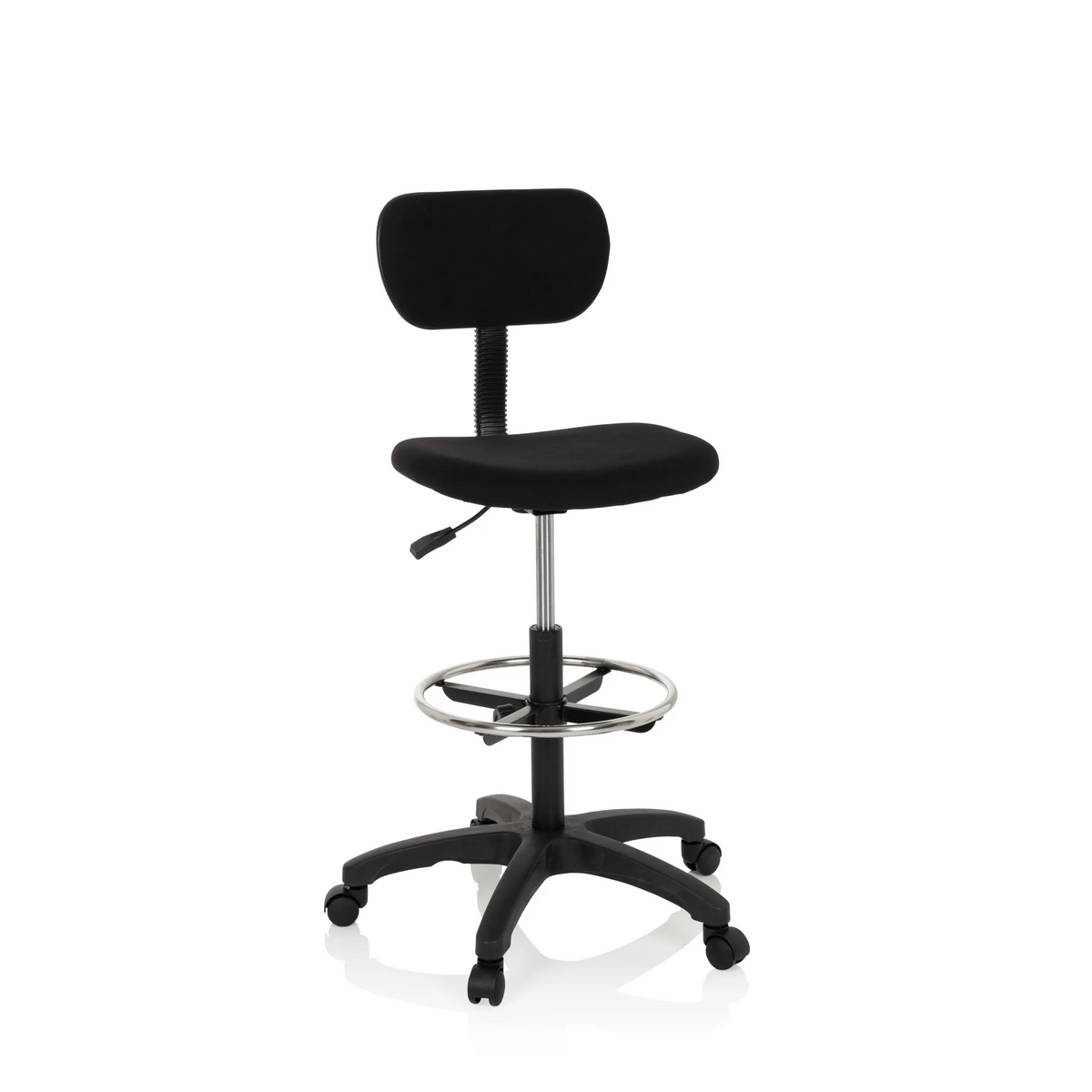 Silla de mostrador TOP WORK 05 negra con reposapiés y base de cinco ruedas de hjh OFFICE – vista de 360° (vista frontal 20°)