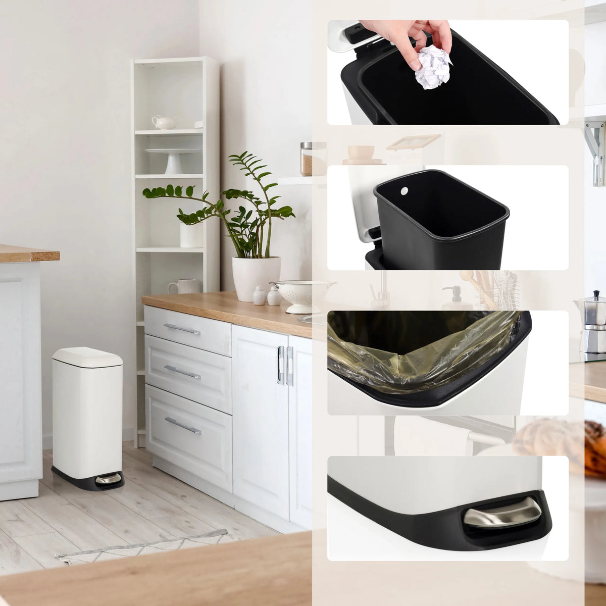 Papelera blanca CLEAN SLIM con cubo interior negro, bolsa de basura y pedal de hjh OFFICE