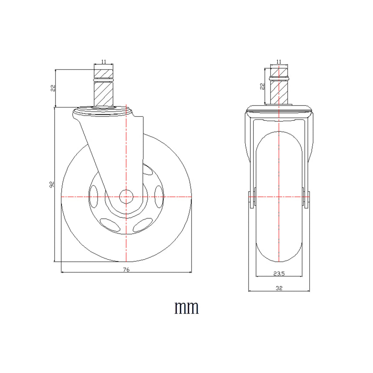 Dibujo técnico de las Ruedas para sillas 5x ROLO SKATE ST 11mm/75mm con un diámetro de 76 mm de hjh OFFICE
