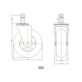 Dibujo técnico de las Ruedas para sillas 5x ROLO SKATE ST 11mm/75mm con un diámetro de 76 mm de hjh OFFICE