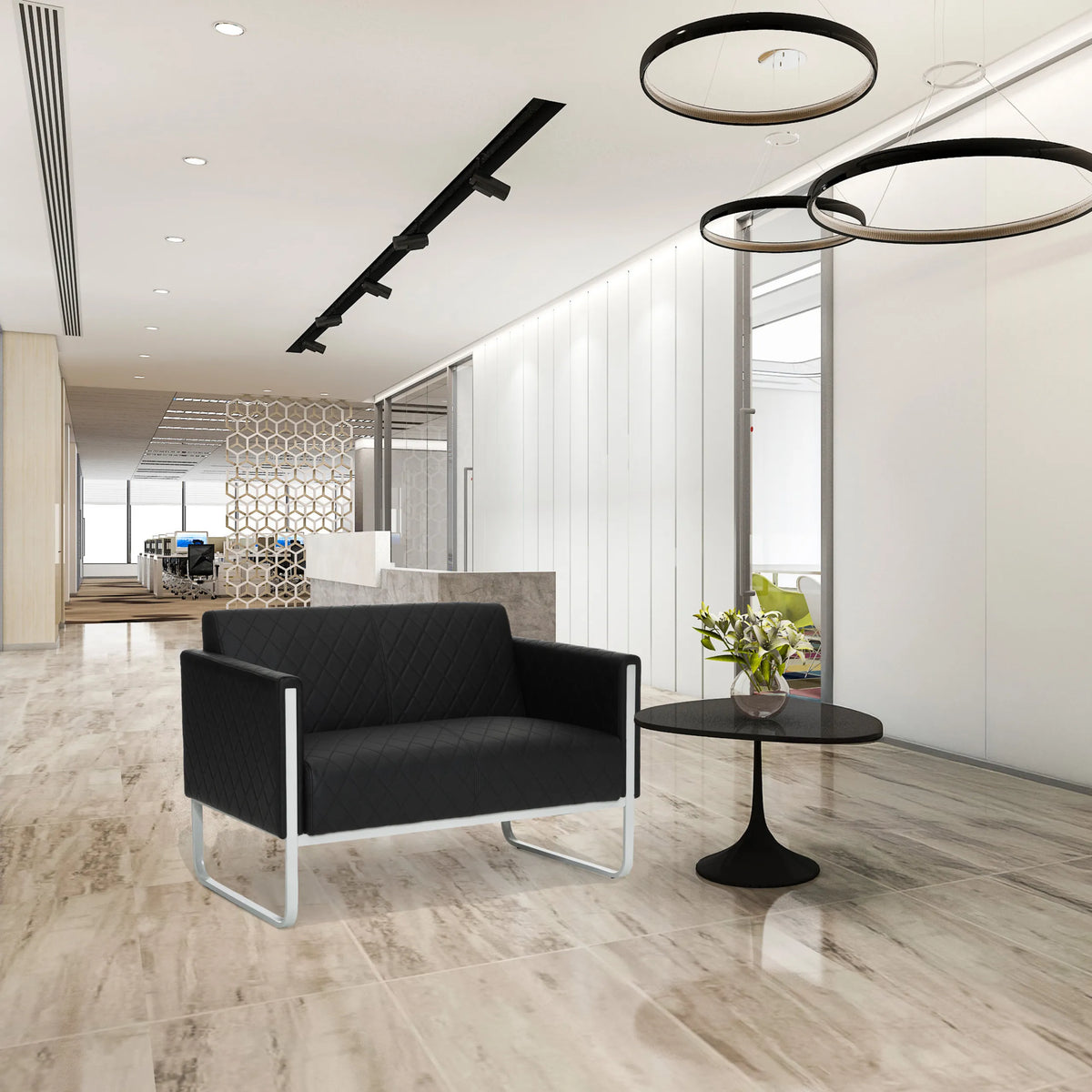 Sofá de diseño negro ARUBA STEP de dos plazas con estructura plateada de hjh OFFICE