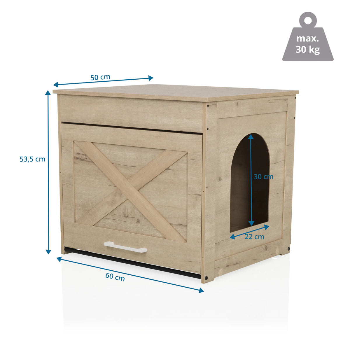 Plano dimensional de la Casa para gatos KITTY PAWBOX 1 en aspecto roble, 60 × 50 cm de hjh LIVING