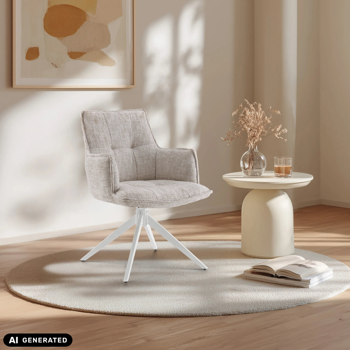Silla de comedor Tavaro beige con base en estrella blanca sobre una alfombra redonda de hjh LIVING (imagen generada por IA)