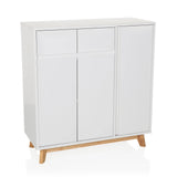 Cómoda blanca ESTHA con dos cajones, tres puertas y patas de madera clara de hjh LIVING – vista de 360° (vista frontal 15°)