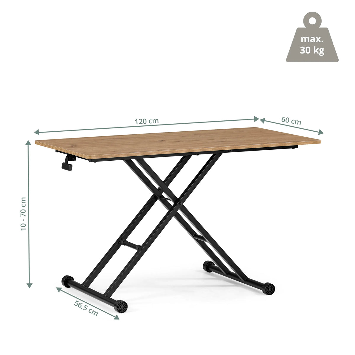 Dibujo dimensional de la mesa Worktime Lift con una superficie de tablero de 120 × 60 cm y una capacidad de carga de 30 kg de hjh OFFICE