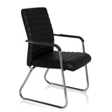 Silla de confidente negra STEEL V con costuras transversales y estructura de patín de hjh OFFICE – vista de 360° (vista frontal en diagonal 60°)