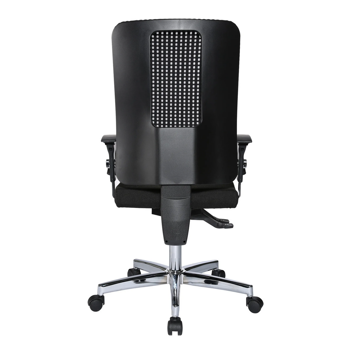 Silla de oficina profesional HJH SITNESS WORK negra con respaldo de malla, reposabrazos y base de cinco ruedas de Topstar – vista de 360° (vista trasera en diagonal 240°)