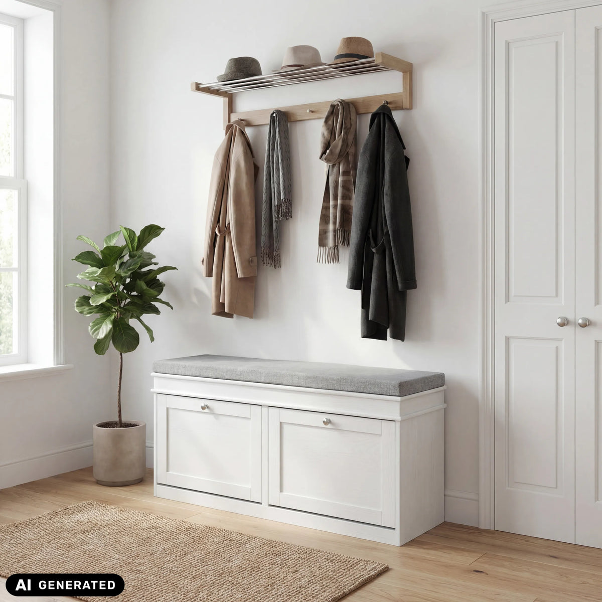 Armario zapatero Estha 11 blanco con asiento gris y perchero superior de hjh LIVING (imagen generada por IA)