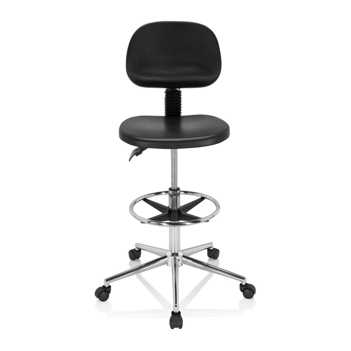 Silla de mostrador negra TOP WORK 24 I con reposapiés y base de cinco ruedas de hjh OFFICE – vista de 360° (vista frontal 0°)