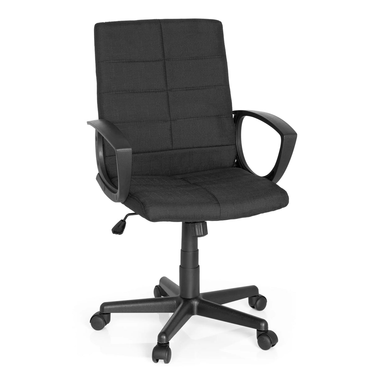 Silla Home Office STAR-TEC CL300 negra con reposabrazos y base de cinco ruedas de MyBuero – vista de 360° (vista frontal 20°)