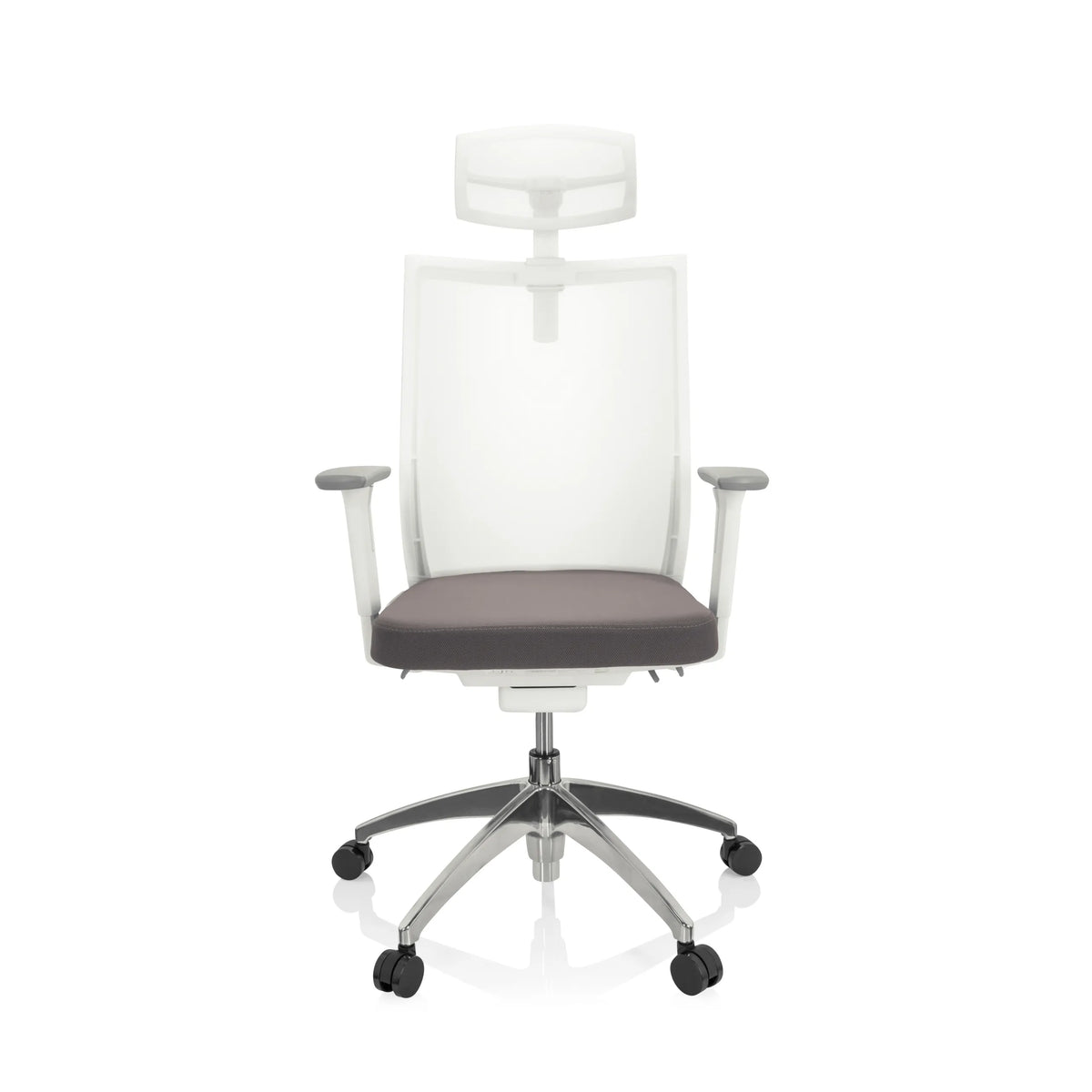 Grau-weißer Profi-Bürostuhl ASPEN WHITE PRO mit Netzrücken, Kopfstütze und Fußkreuz mit fünf Rollen von hjh OFFICE – 360-Grad-Ansicht (Frontansicht 0°)