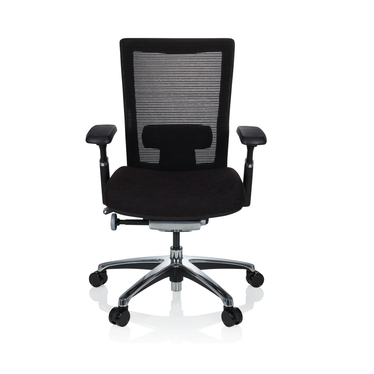 Silla alta gama NOVA PRO ALU negra con respaldo de malla y base de cinco ruedas de hjh OFFICE – vista de 360° (vista frontal 0°)