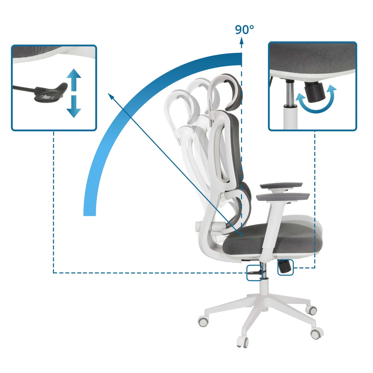 Mecanismos de ajuste y una inclinación de 90 grados de la Silla Home Office ERGOMY WF de MyBuero