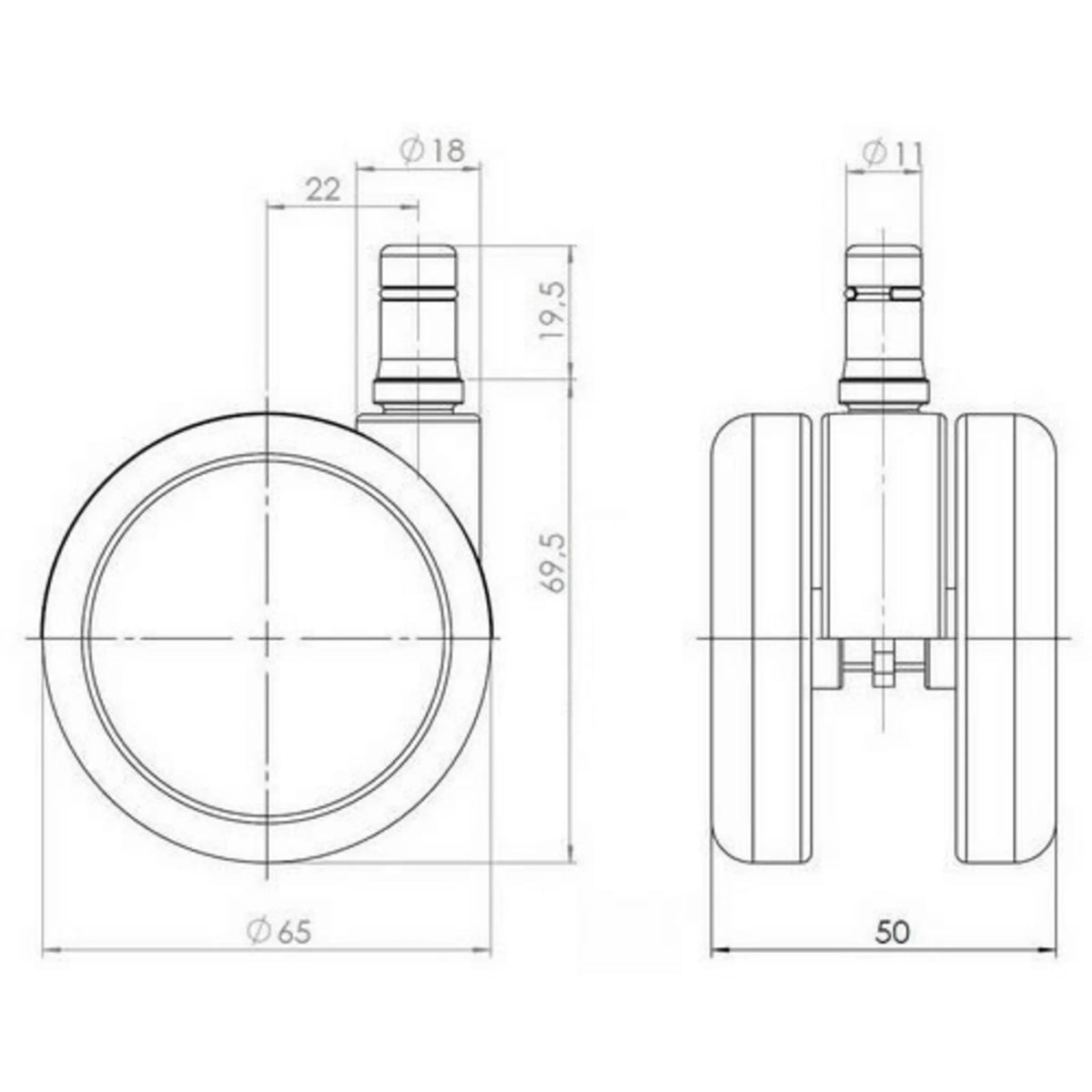 Dibujo técnico de las Ruedas para sillas 5x ROLO FREE 11mm/65mm con un diámetro de 65 mm de hjh OFFICE