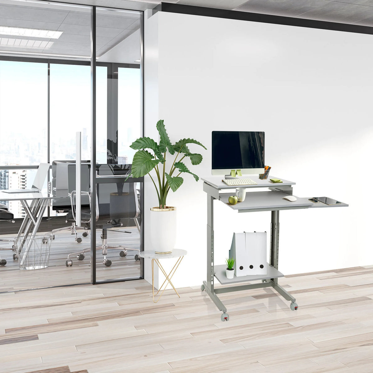 Escritorio de pie gris WORKSTATION de 60 × 50 cm con compartimento de almacenaje y ruedas de hjh OFFICE