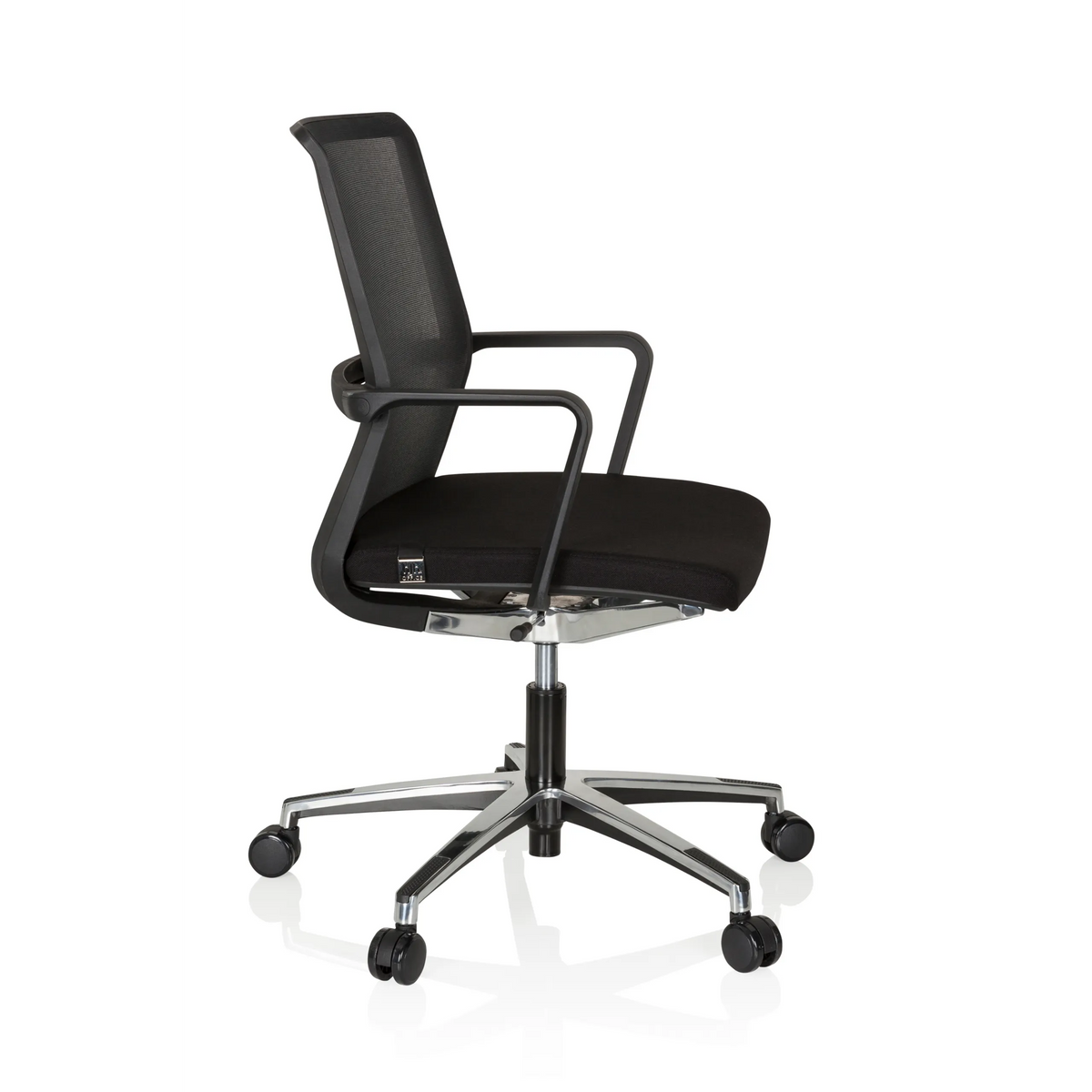Silla de oficina profesional MOVE-TEC NET 3D negra con respaldo de malla y base de cinco ruedas de hjh OFFICE – vista de 360° (vista lateral 80°)