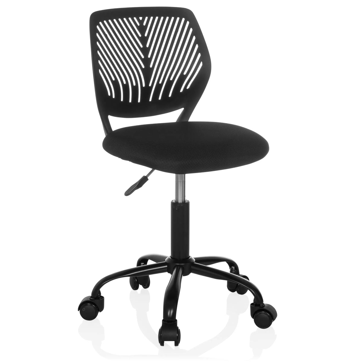 Silla giratoria para niños KID QB negra con respaldo de malla y base de cinco ruedas de hjh OFFICE – vista de 360° (vista frontal en diagonal 30°)