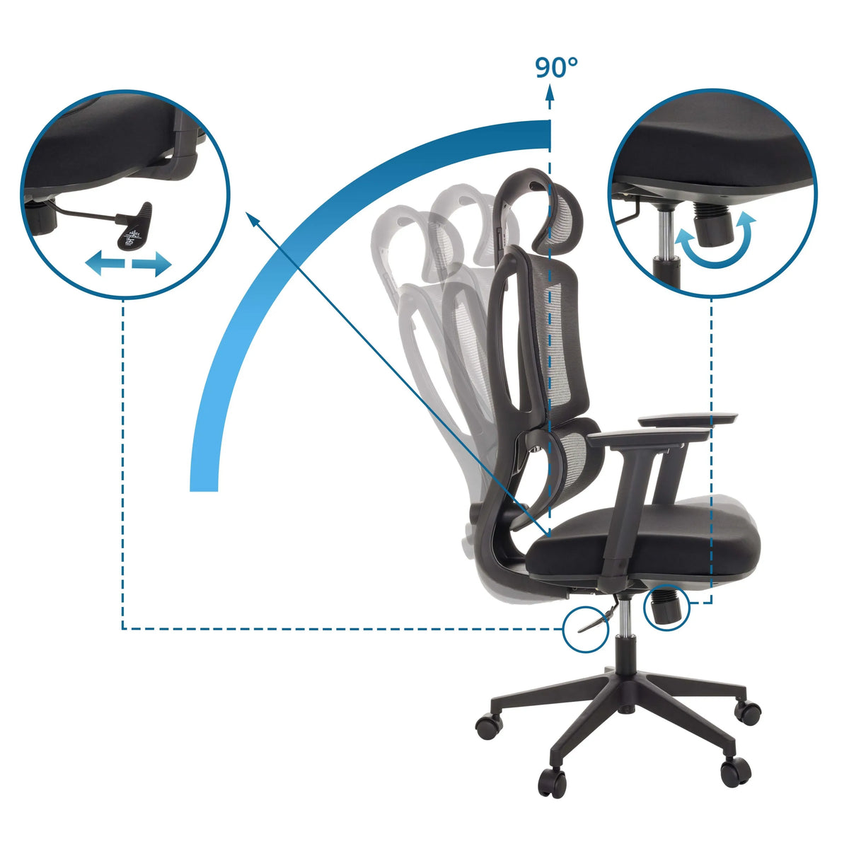 Respaldo ajustable con un ángulo de inclinación de 90 grados de la Silla Home Office ERGOMY de MyBuero