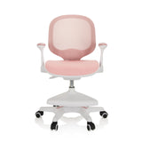 Silla para niños KID ERGO rosa con respaldo de malla, reposabrazos y base blanca de cinco ruedas de hjh OFFICE – vista de 360° (vista frontal 0°)