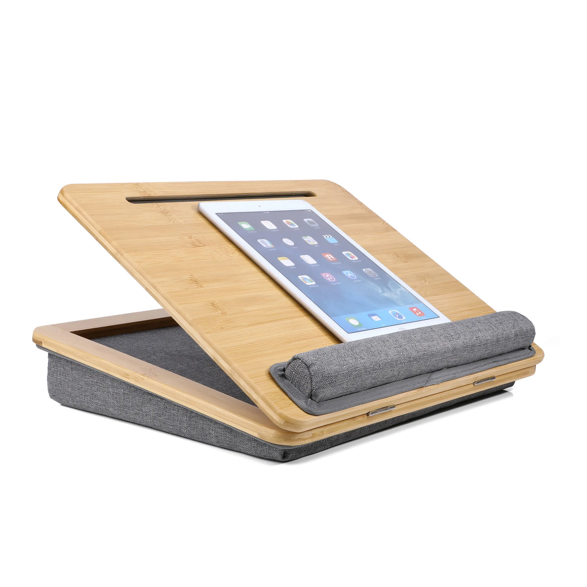 Soporte para portátil COMFILAP III de bambú marrón con acolchado gris y una tablet de hjh OFFICE