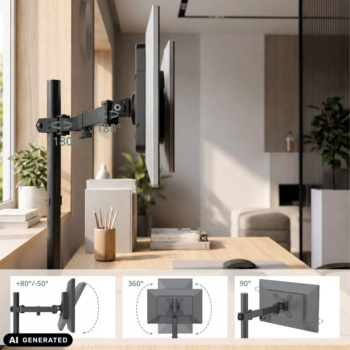Articulaciones ajustables del soporte de monitor Ergomount M2 con especificaciones de ángulos de giro de hjh OFFICE (imagen generada por IA)