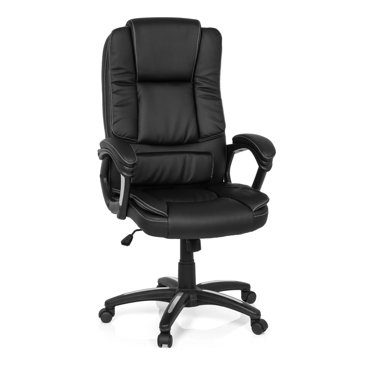 Silla Home Office RELAX CL120 negra con acolchado y base de cinco ruedas de MyBuero – vista de 360° (vista frontal 20°)