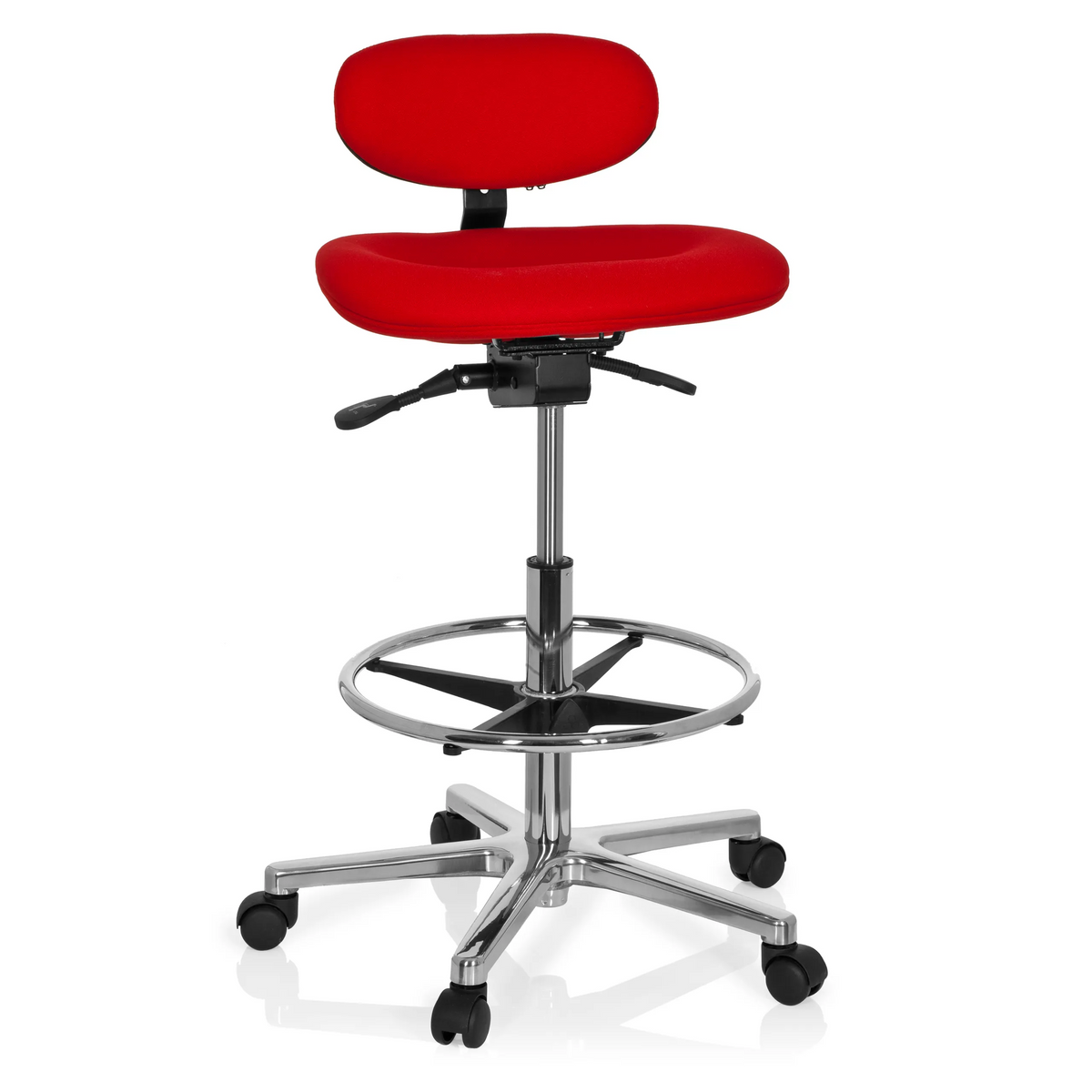 Silla de mostrador WORK MF roja con reposapiés y base de cinco ruedas de hjh OFFICE – vista de 360° (vista frontal 20°)