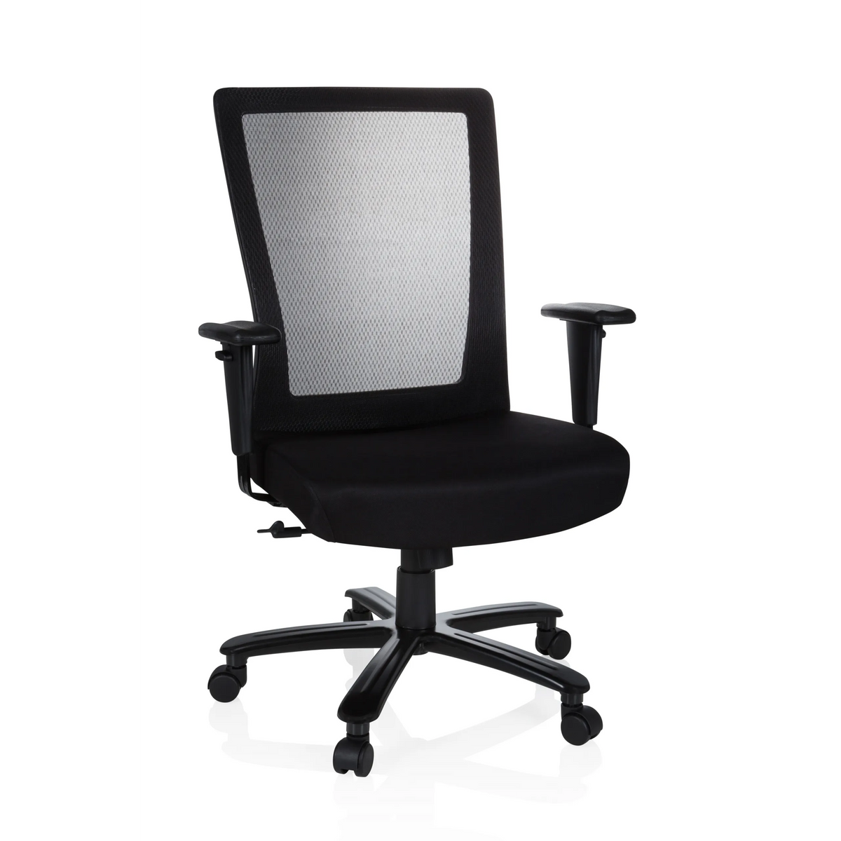 Silla giratoria XXL EXTENDER negra con respaldo de malla y base de cinco ruedas de hjh OFFICE – vista de 360° (vista frontal 20°)