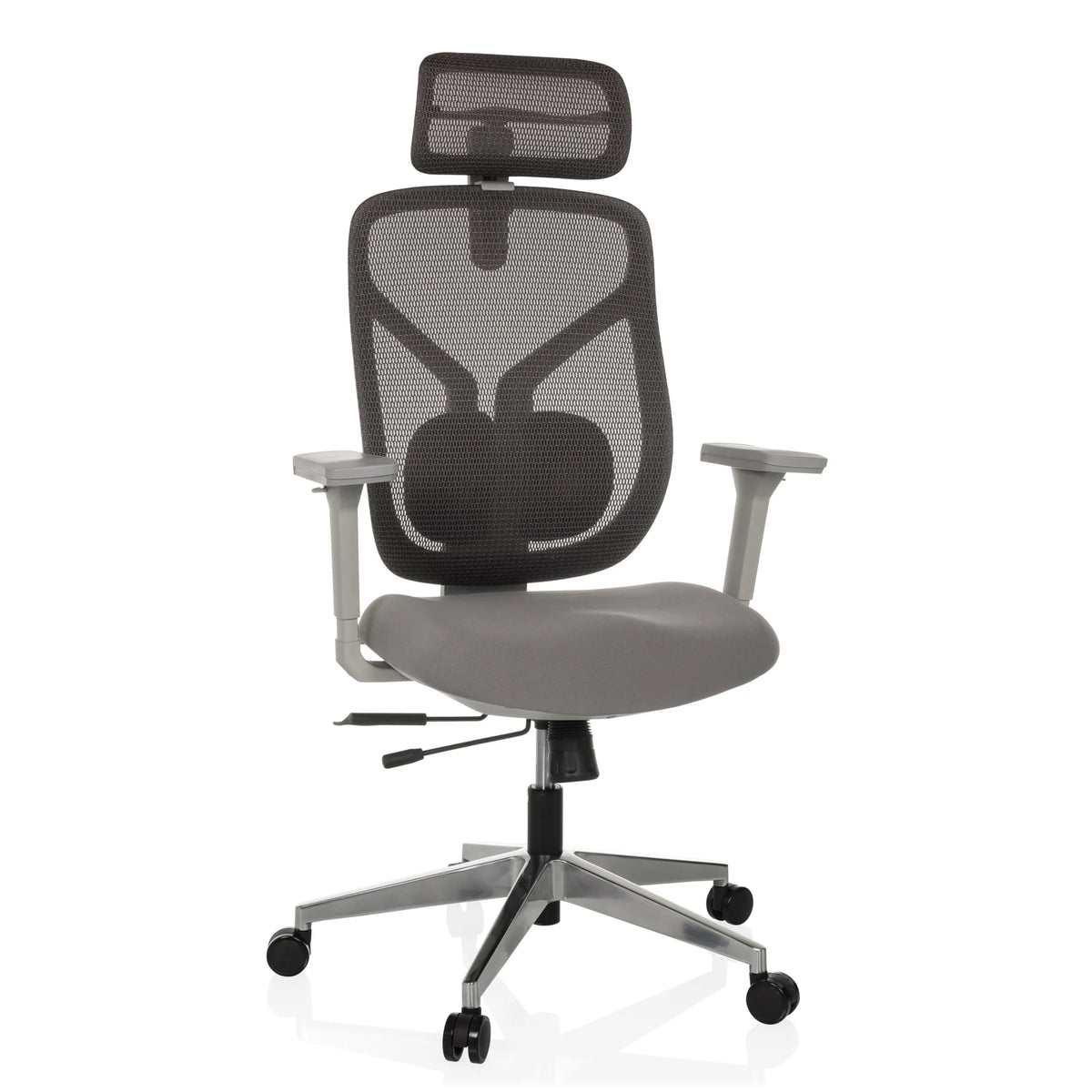 Silla alta gama CASSILIS W gris con respaldo de malla y base de cinco ruedas de hjh OFFICE – vista de 360° (vista frontal 15°)