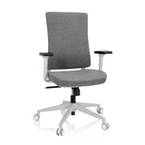 Silla de oficina profesional COMFIO WP gris con reposabrazos y base blanca de cinco ruedas de hjh OFFICE – vista de 360° (vista frontal 20°)