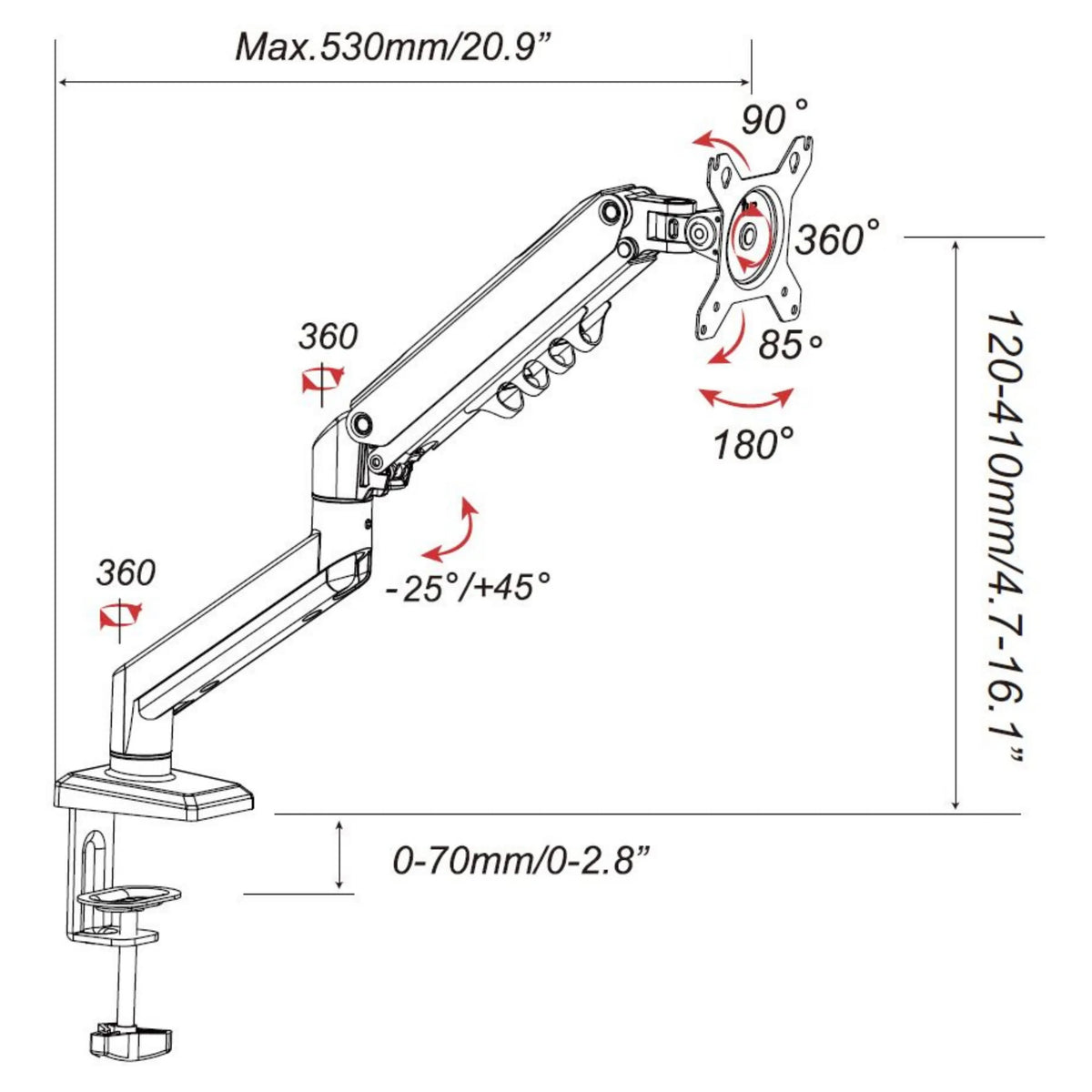 Dibujo técnico del Soporte de monitor Ergomount GF1 con un alcance máximo de 530 mm de hjh OFFICE