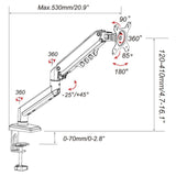 Dibujo técnico del Soporte de monitor Ergomount GF1 con un alcance máximo de 530 mm de hjh OFFICE