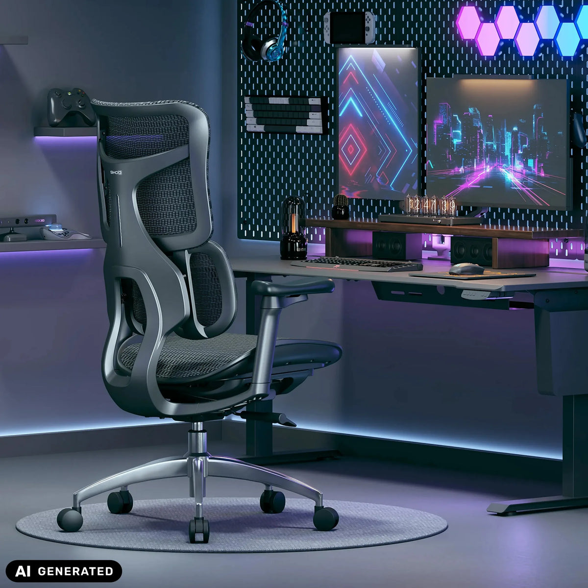 Silla de oficina profesional S100-M301 negra con respaldo de malla y reposabrazos en una sala de juegos de Sihoo (imagen generada por IA)