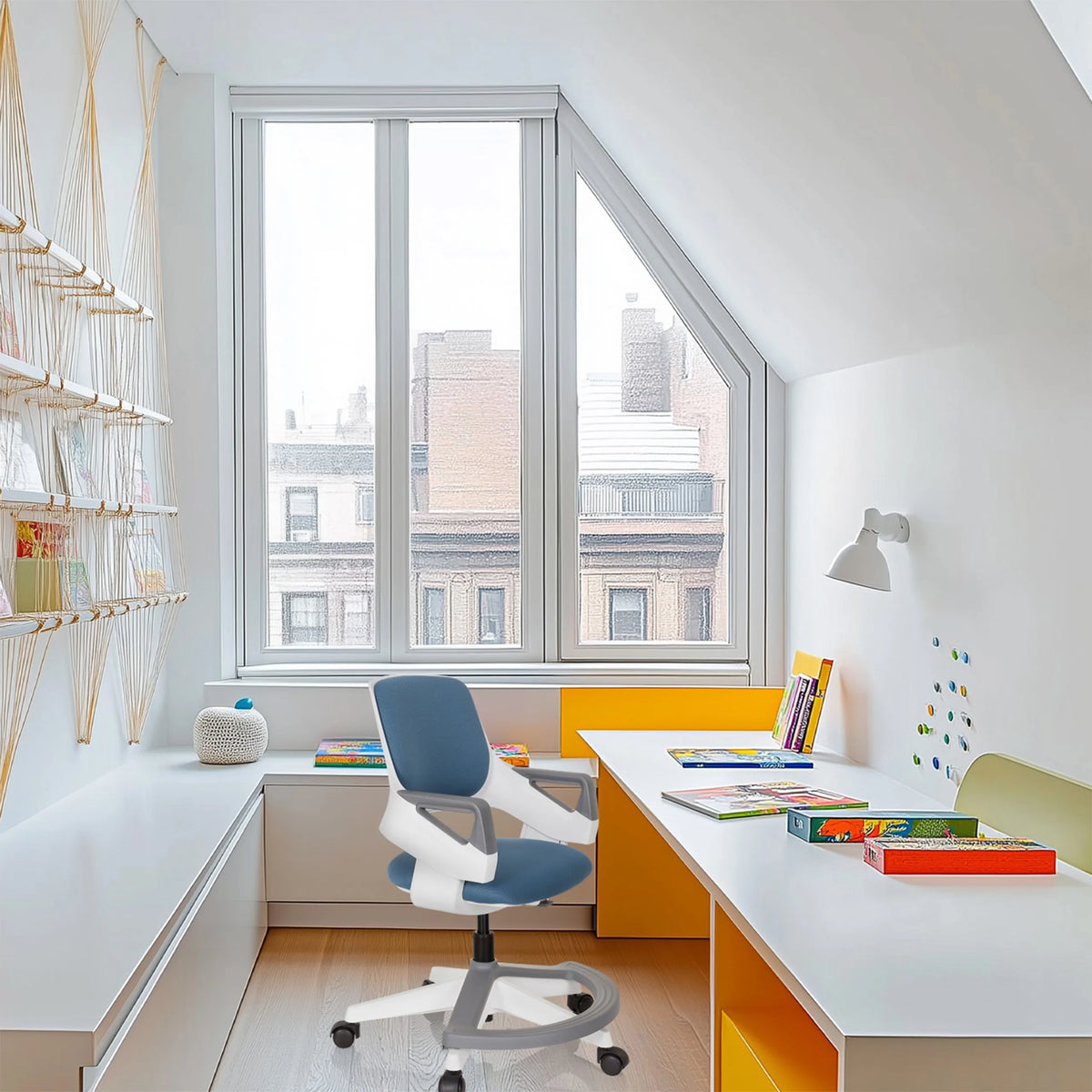 Silla giratoria para niños KID FLEX en color azul grisáceo con reposabrazos y ruedas blancas delante de un escritorio de hjh OFFICE