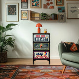 Cómoda AMERIKO S con tres cajones multicolores con motivos y estructura negra de hjh LIVING
