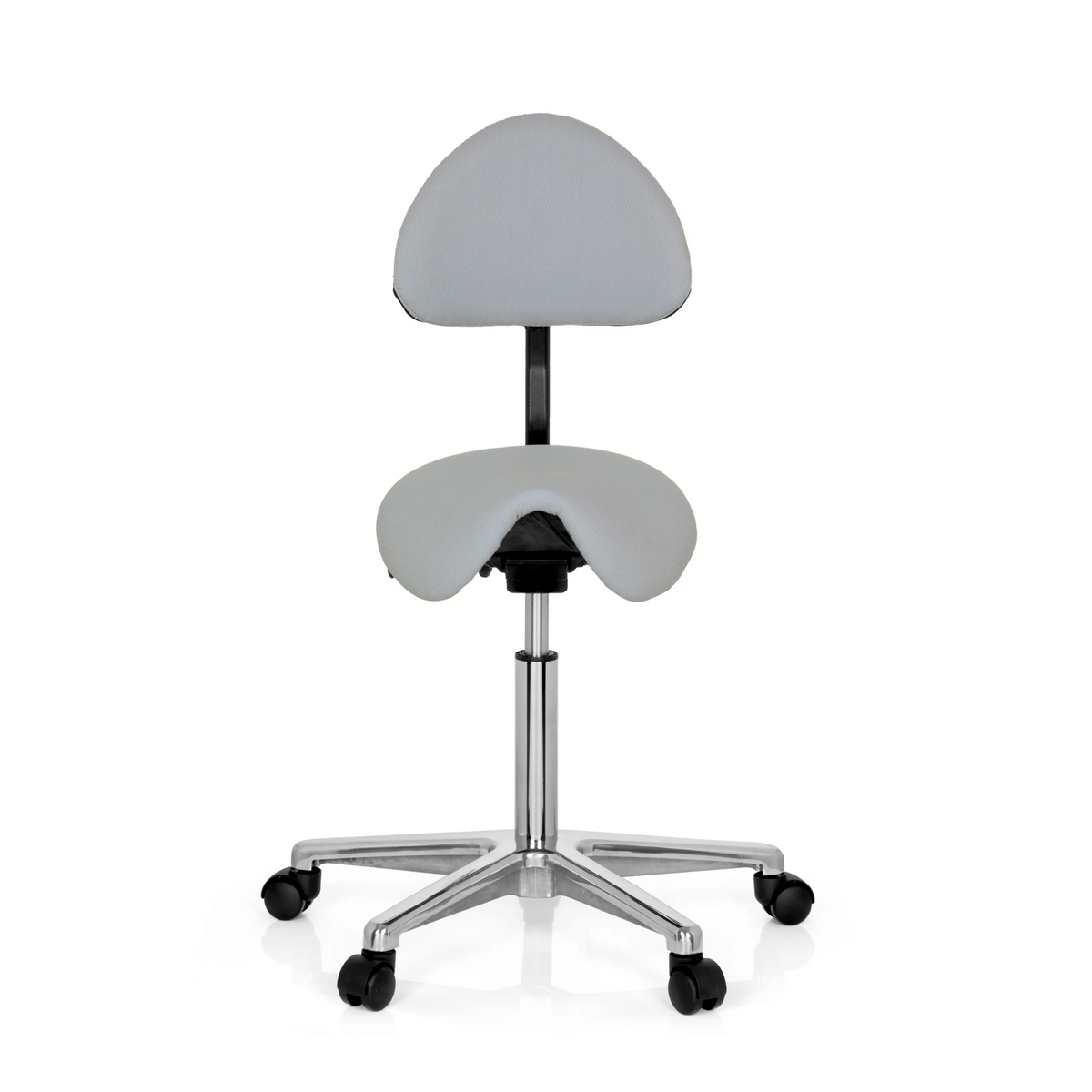 taburete de silla de montar TOP WORK 20 gris con respaldo y base de cinco ruedas de hjh OFFICE – vista de 360° (vista frontal 0°)
