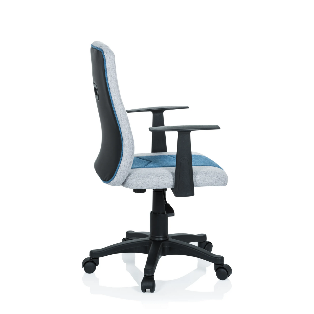 Silla giratoria para niños KIDDY EXTRA en color gris azulado con reposabrazos y base de cinco ruedas de hjh OFFICE – vista de 360° (vista lateral 100°)