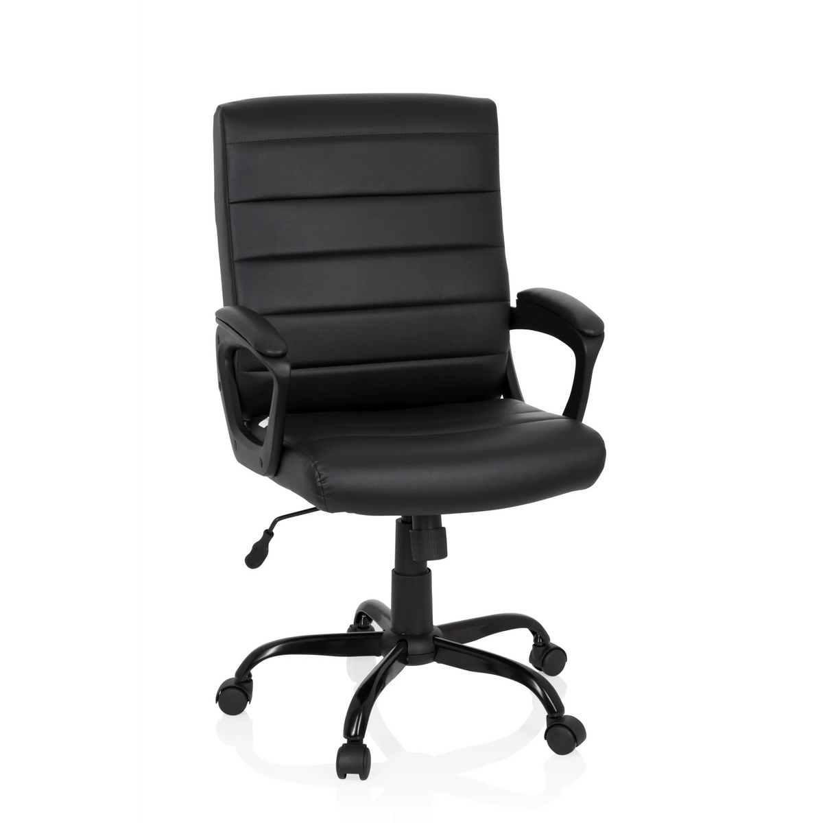 Sillón de oficina Home Office ERGOSMOOTH BIG negro con tapicería acolchada y base de cinco ruedas de hjh OFFICE – vista de 360° (vista frontal 20°)