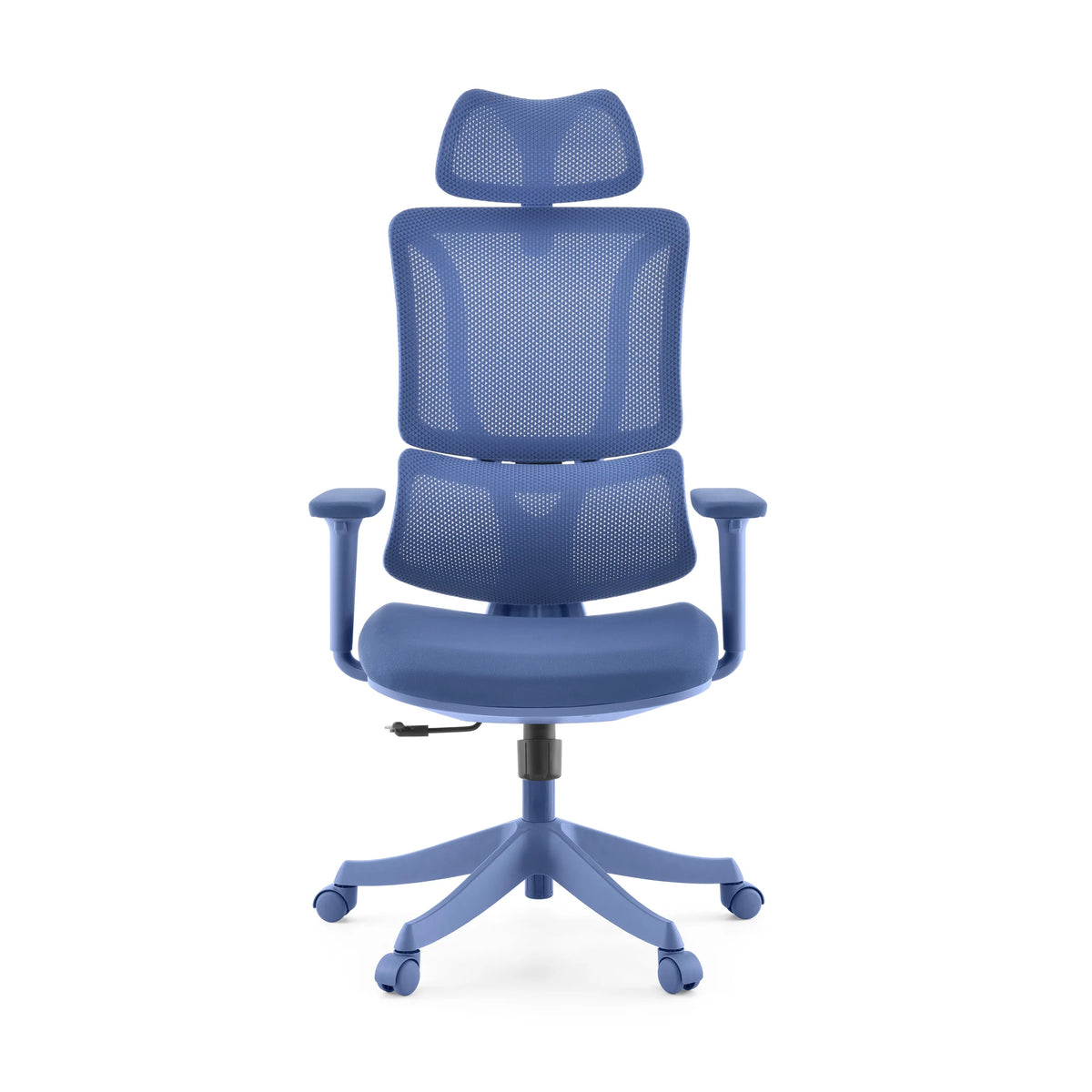 Silla Home Office Ergomy Colore azul con respaldo de malla y base de cinco ruedas de MyBuero – vista de 360° (vista frontal 0°)
