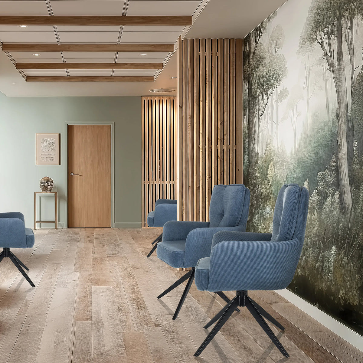 Sillas tapizadas azules TARUGO con base en estrella en una zona de espera moderna de hjh LIVING