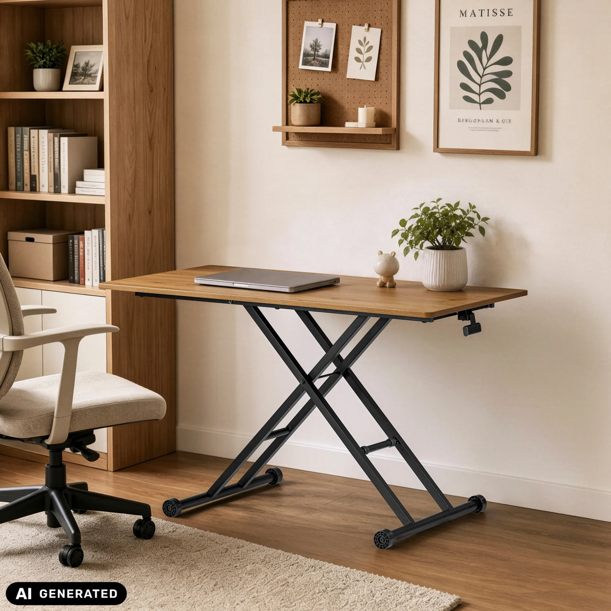 Escritorio regulable en altura Worktime Lift en roble y negro con estructura en X y portátil de hjh OFFICE