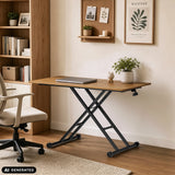 Escritorio regulable en altura Worktime Lift en roble y negro con estructura en X y portátil de hjh OFFICE