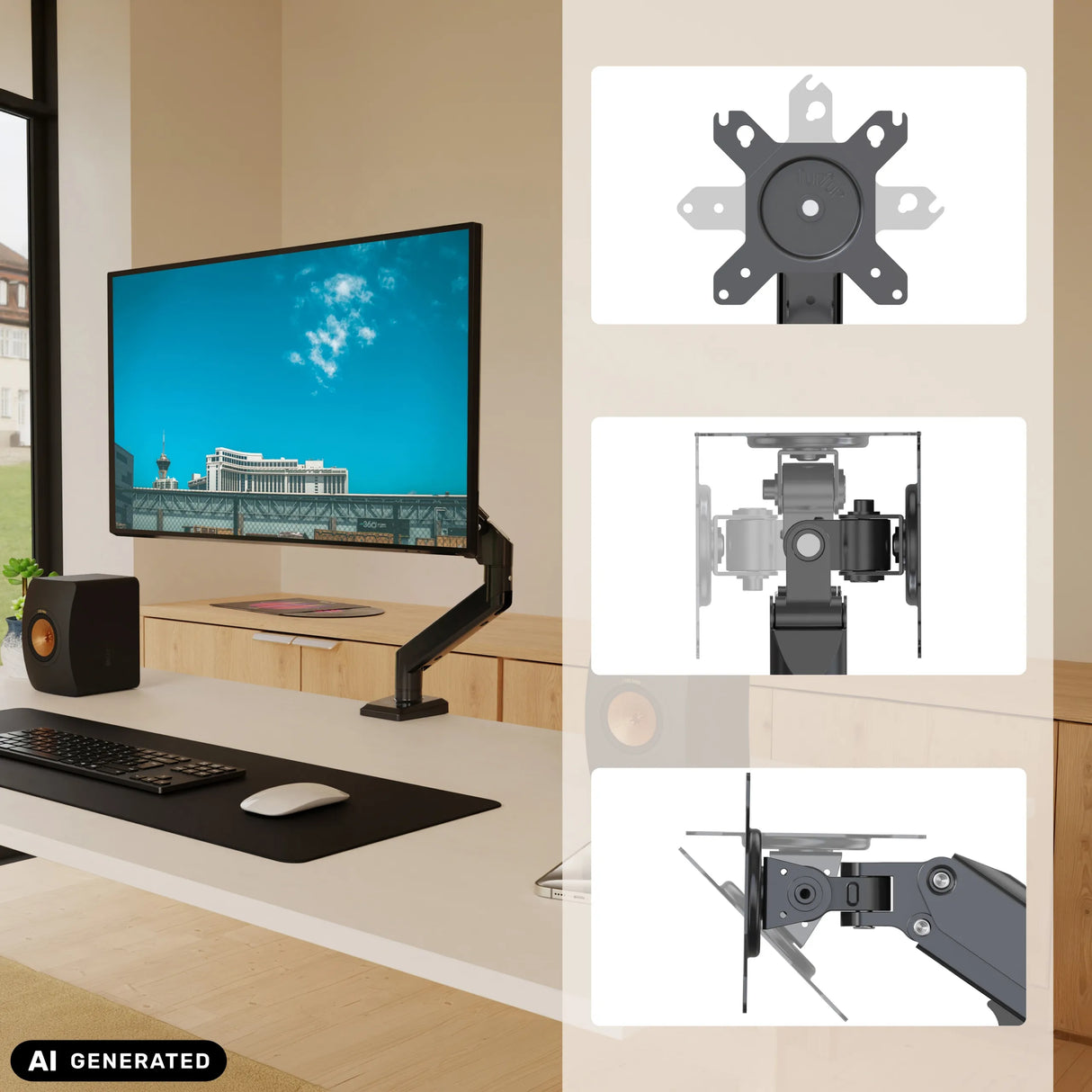 Soporte de monitor Ergomount GF1 con placa adaptadora VESA y mecanismos articulados de hjh OFFICE (imagen generada por IA)